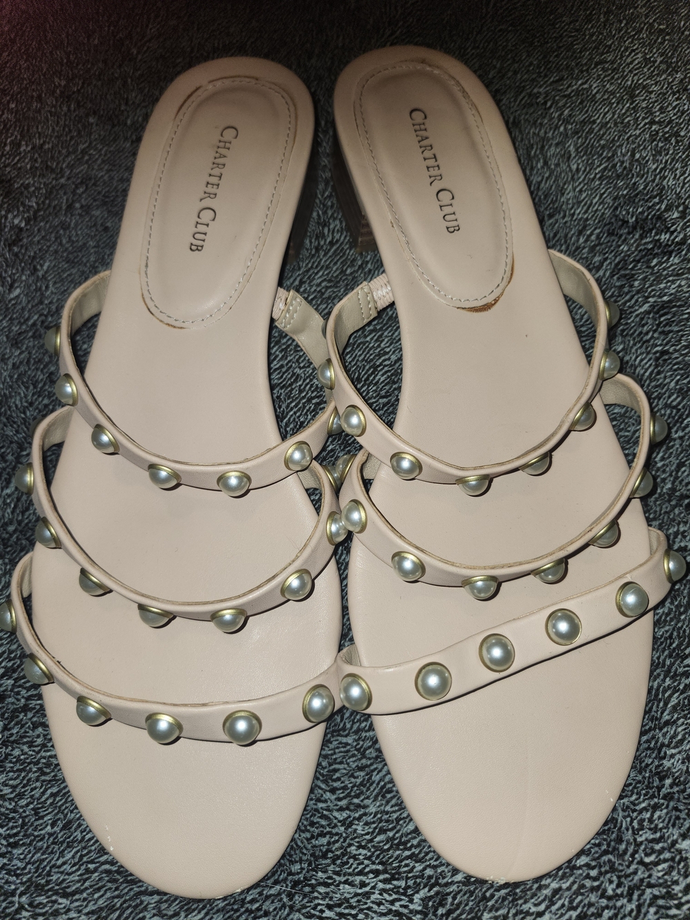 Charter Club Blush Pearl-Stud Triple Strap Slide Sandals